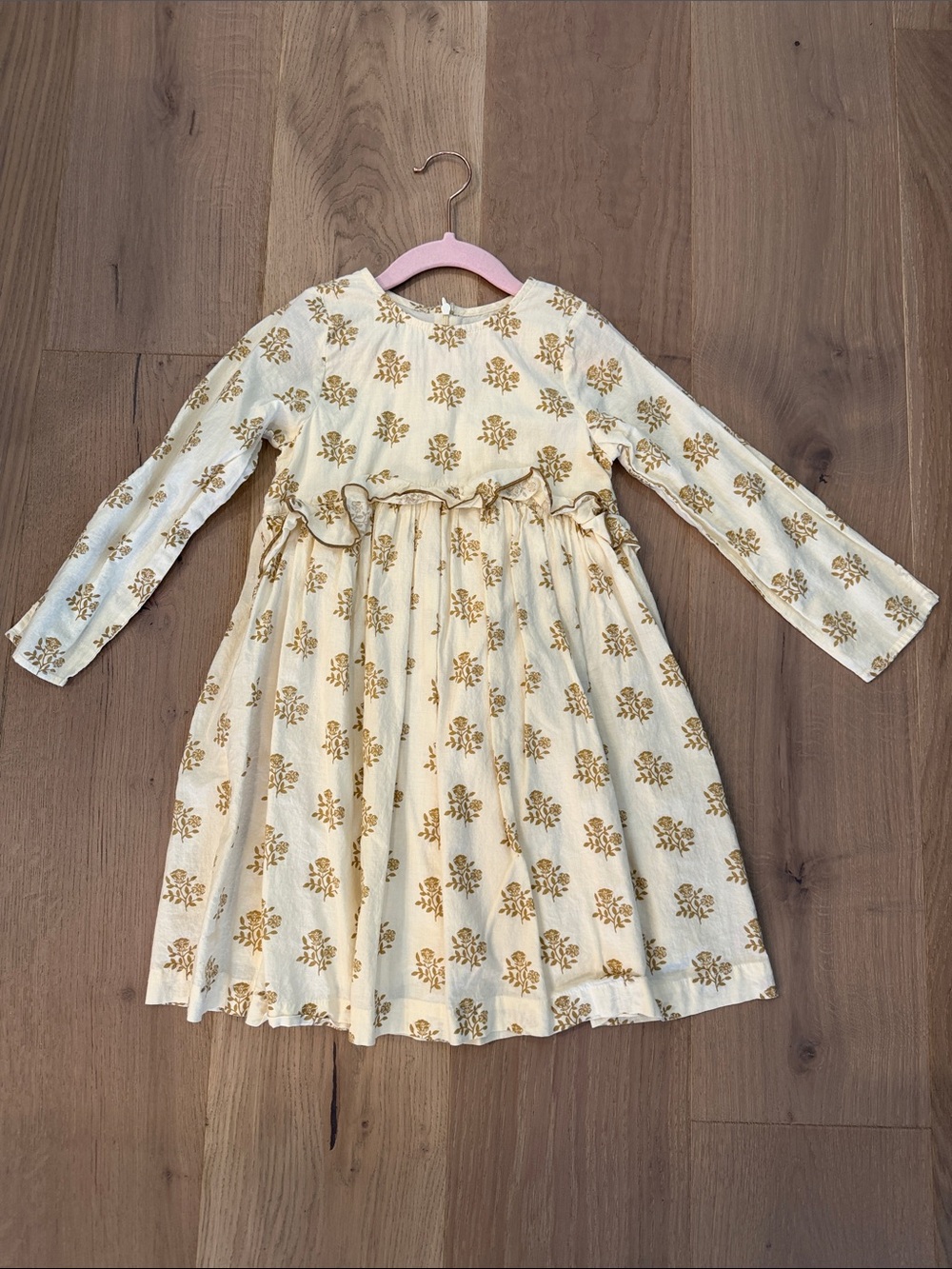 Pink Chicken Cream and Gold Floral Ruffle-Waist Long Sleeve Dress